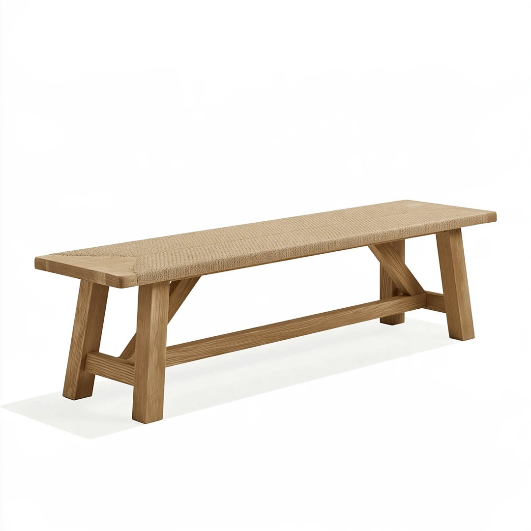 Panca 180 cm in legno naturale con seduta in fibra intrecciata stile rustico