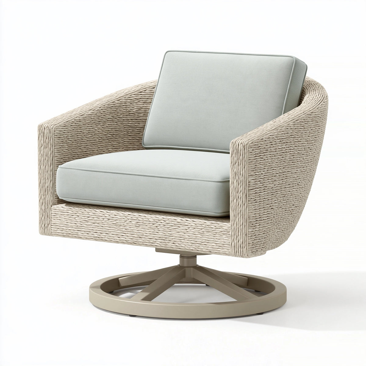 Poltrona girevole 82 x 80 x 85 cm in corda intrecciata beige con cuscini grigio chiaro