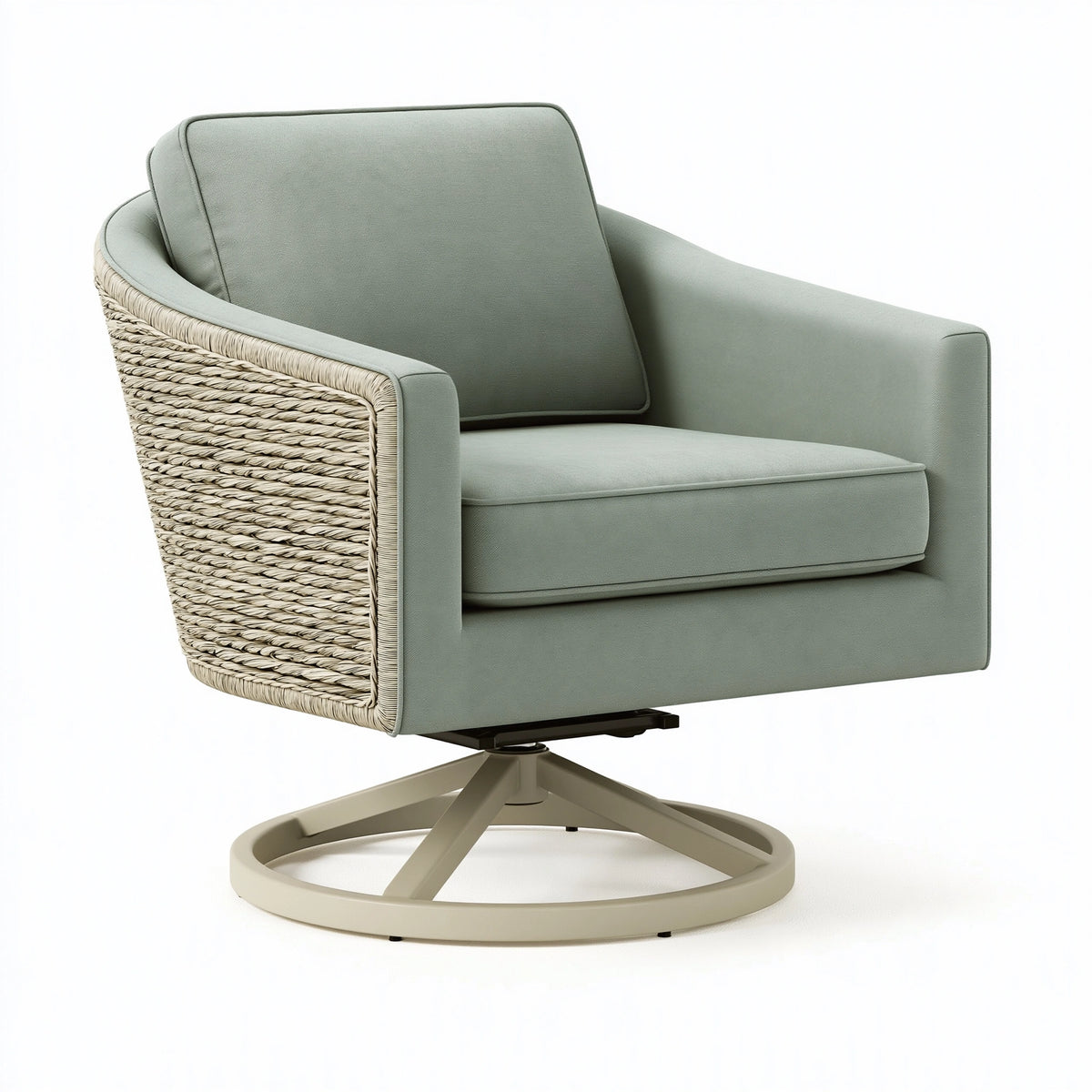 Poltrona girevole 85 x 85 x 92 cm in tessuto verde salvia con intreccio decorativo