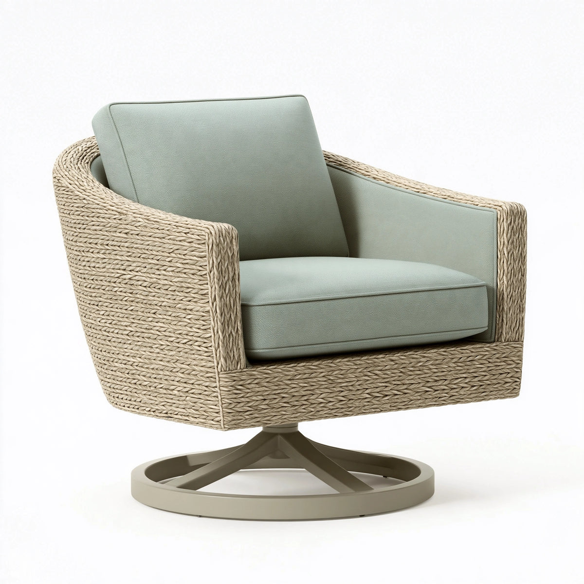 Poltrona girevole 76 x 78 x 85 cm in fibra intrecciata e tessuto verde salvia