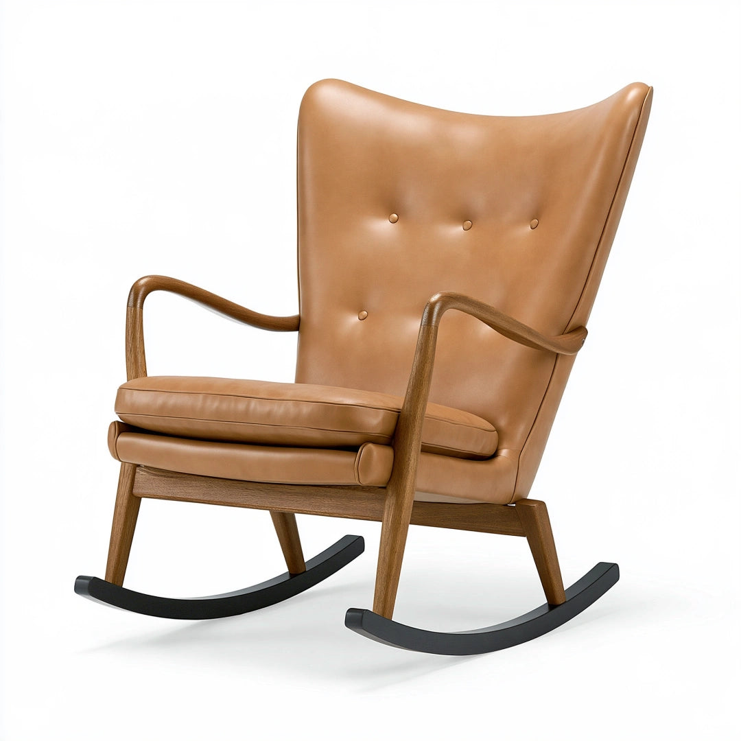 Sedia a dondolo 75 x 95 x 105 cm in similpelle cognac con struttura in legno stile moderno