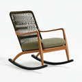Sedia a dondolo 96 x 68 x 102 cm in legno marrone con corda intrecciata e cuscino verde oliva - stile moderno