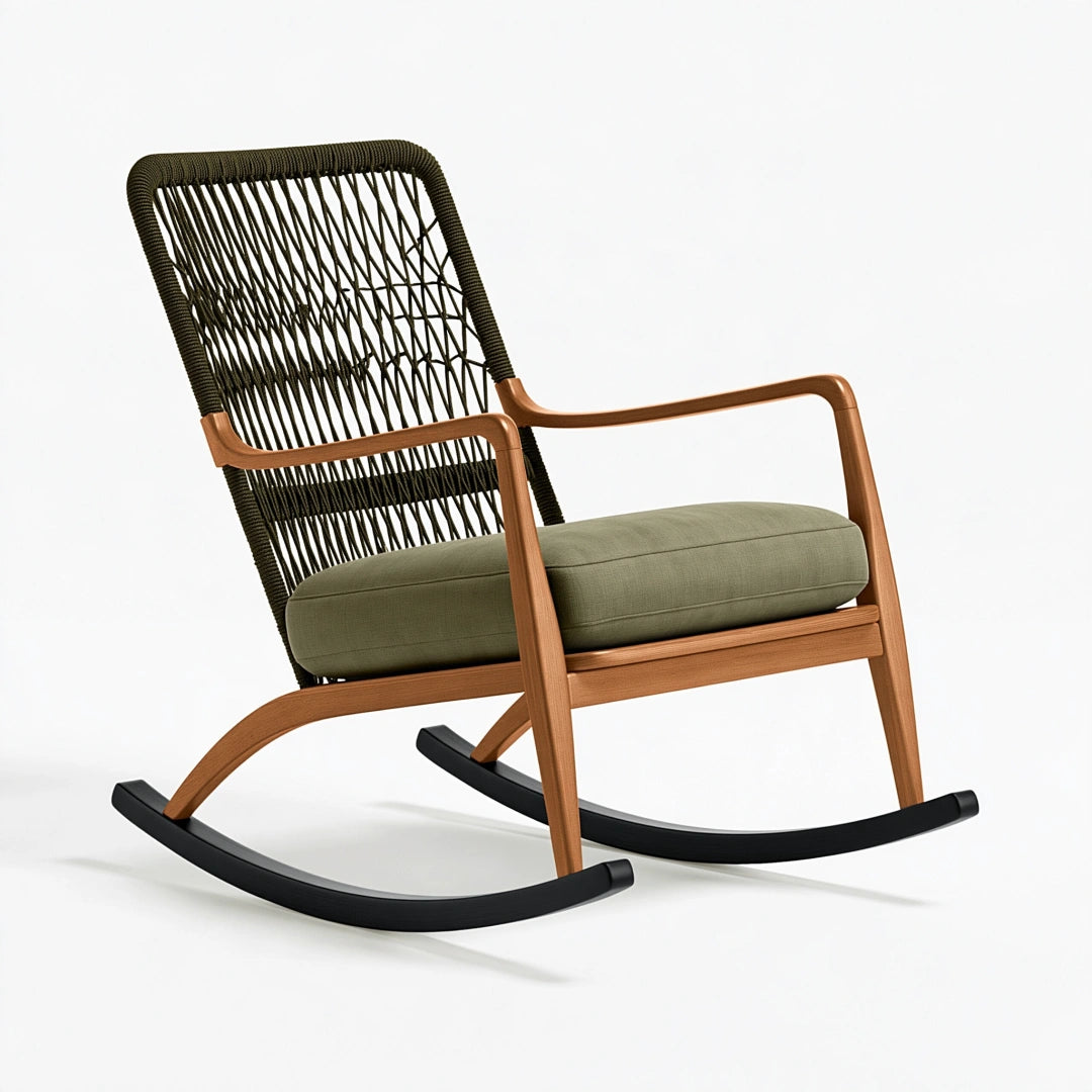 Sedia a dondolo 96 x 68 x 102 cm in legno marrone con corda intrecciata e cuscino verde oliva - stile moderno