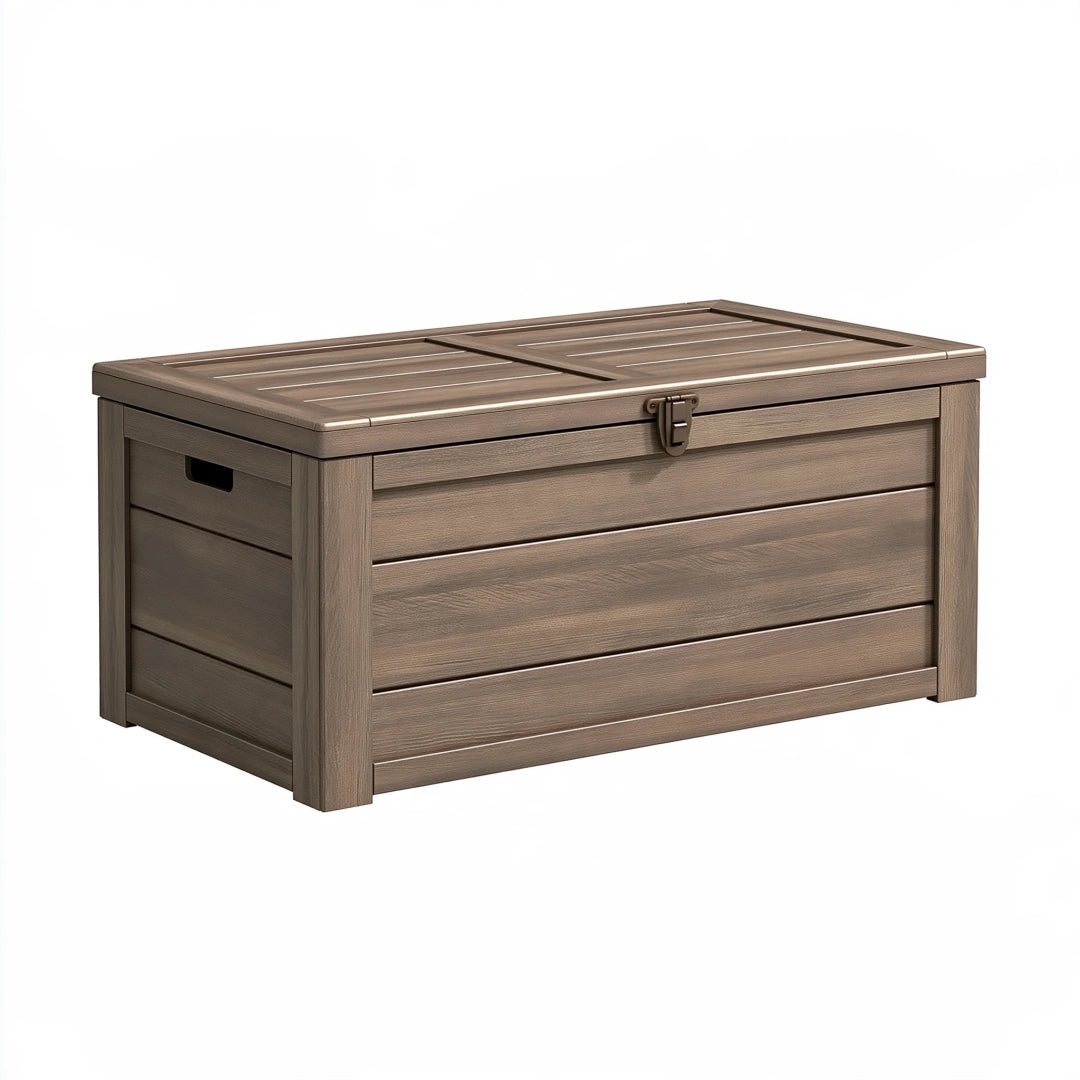 Cassapanca da esterno 120 x 60 x 65 cm in resina marrone effetto legno con coperchio