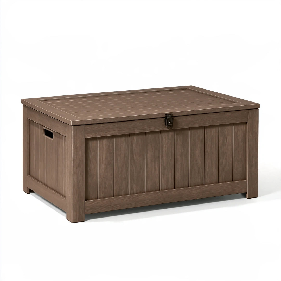Cassapanca da esterno 120 x 62 x 63 cm in plastica marrone effetto legno con coperchio