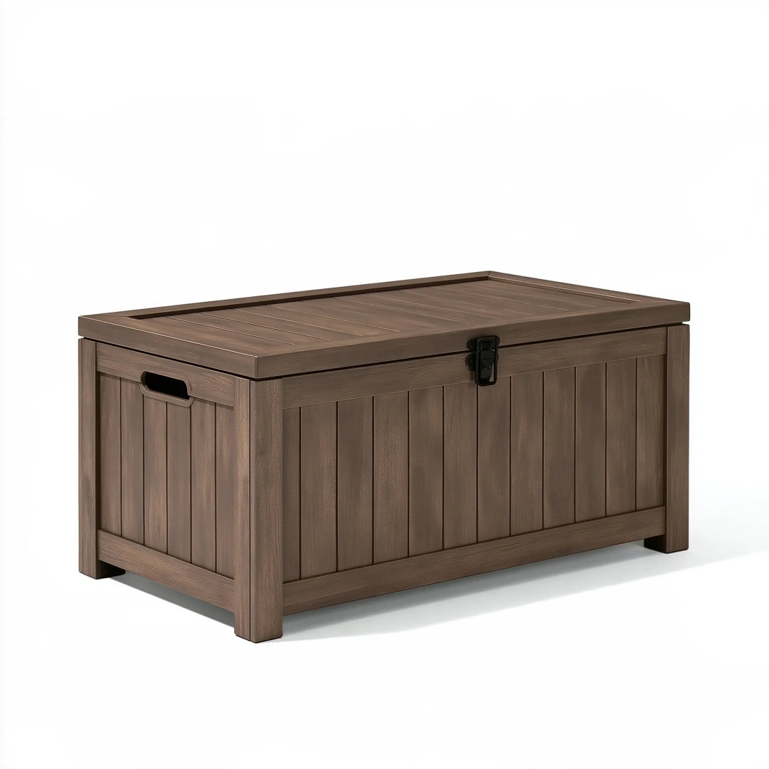 Cassapanca da esterno 120 x 60 x 65 cm in resina marrone effetto legno con coperchio