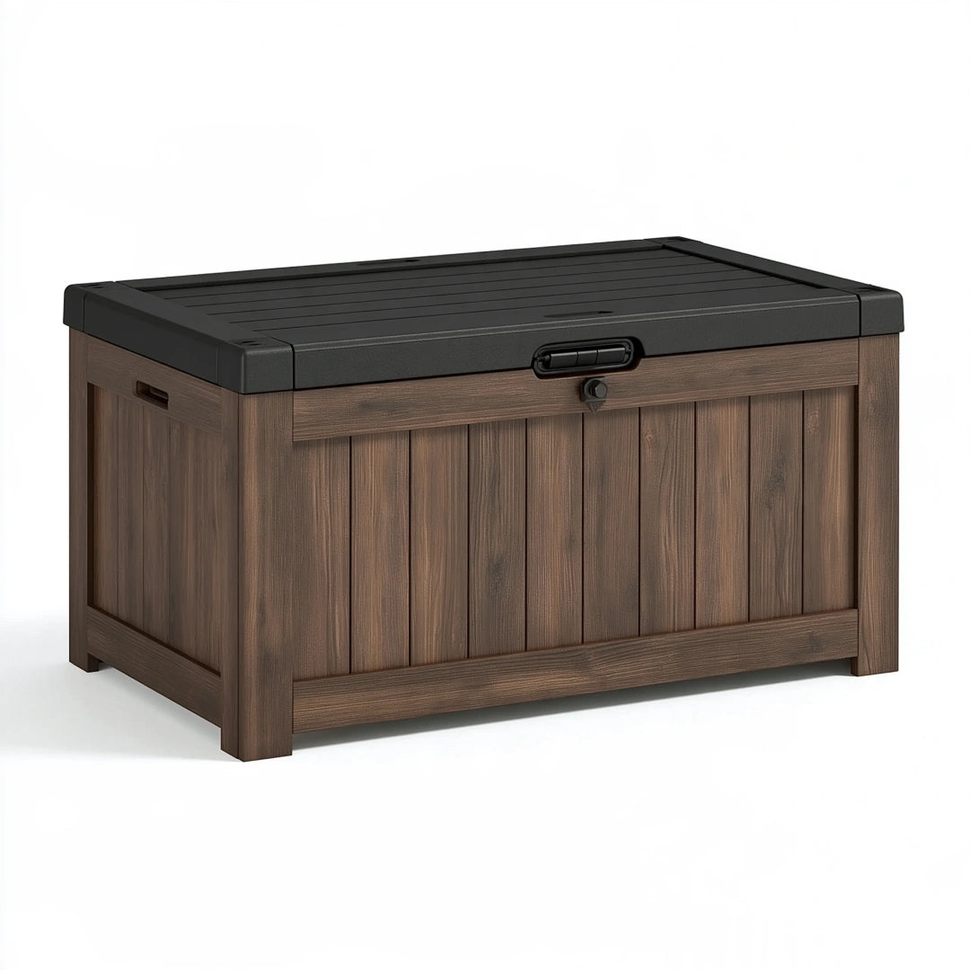 Cassapanca da esterno 120 x 60 x 65 cm in resina marrone scuro e nero con coperchio impermeabile