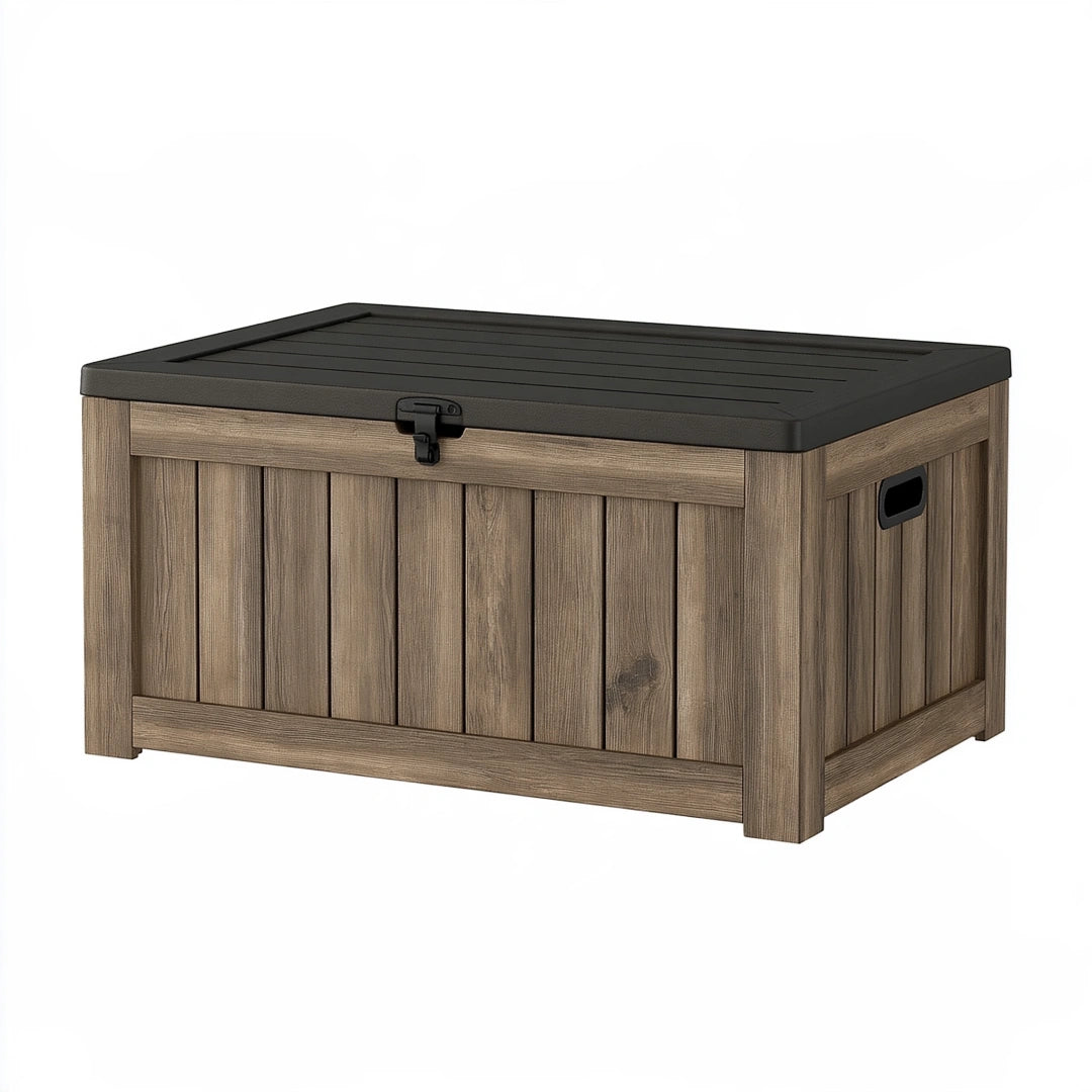 Cassapanca da esterno 120 x 60 x 65 cm in materiale sintetico marrone e nero con coperchio e chiusura