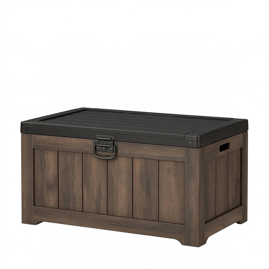 Cassapanca contenitore da esterno 100 x 50 x 55 cm effetto legno marrone con coperchio nero
