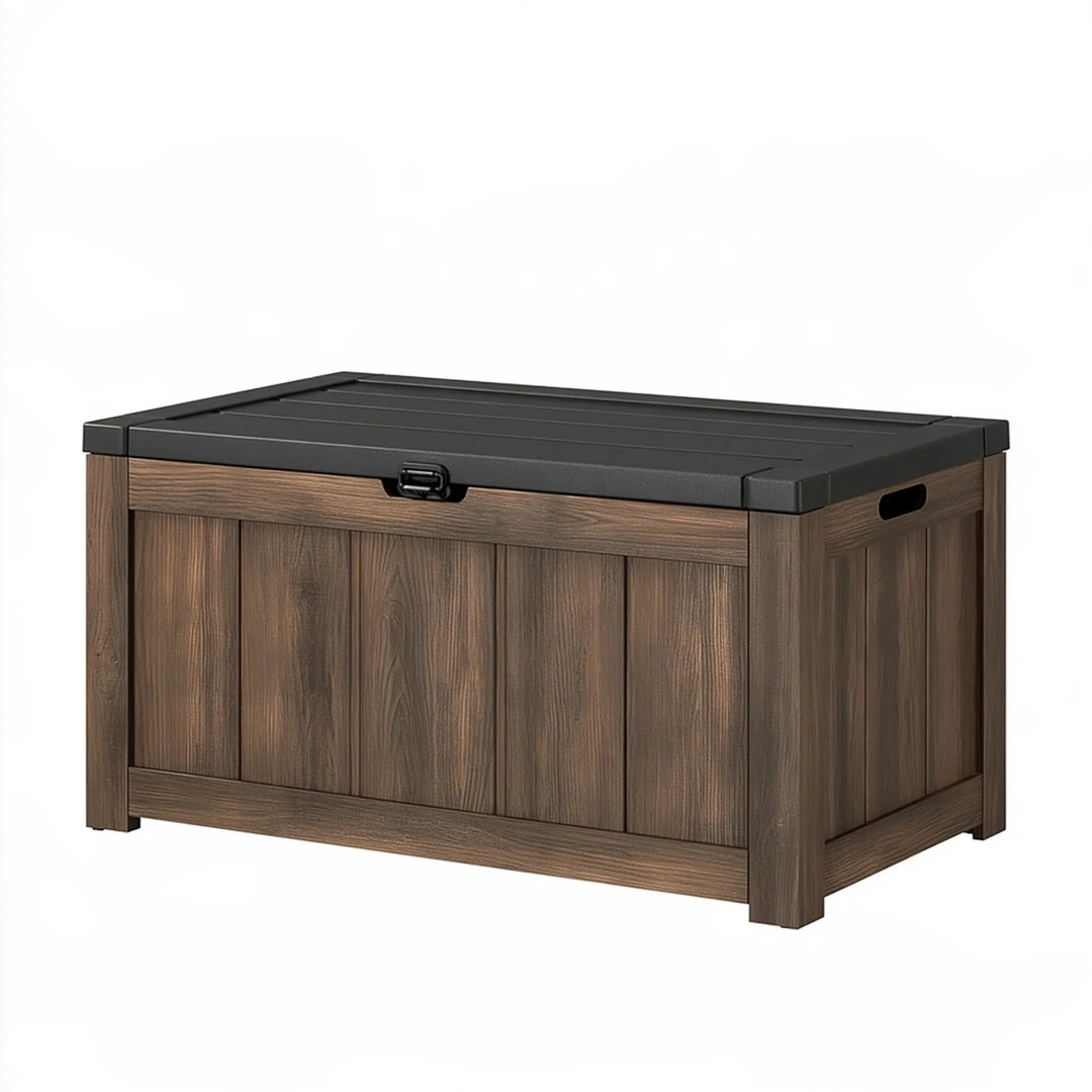 Baule contenitore da esterno 120 x 60 x 63 cm in plastica marrone effetto legno con coperchio