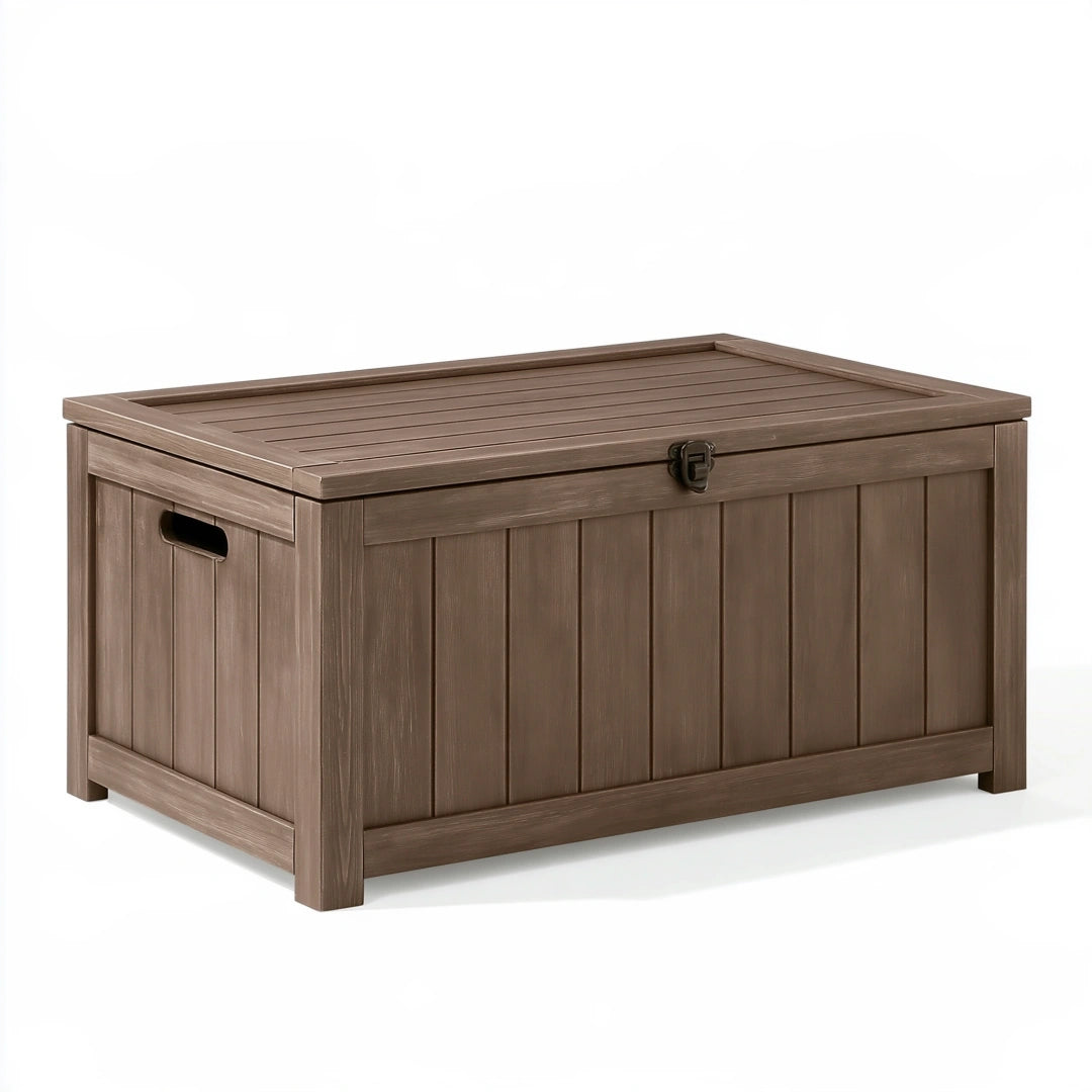 Baule contenitore da esterno 120 x 60 x 65 cm in resina marrone effetto legno con coperchio